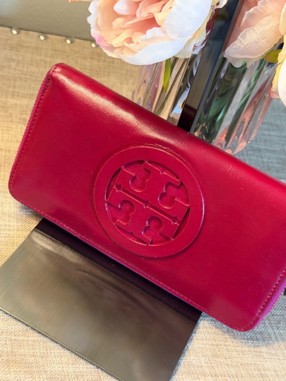 Tory Burch Deep Red Leather Continental Wallet with Embossed Logo
